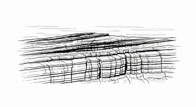 Striking line art depicts layered sedimentary rock formations under a cloudy sky
