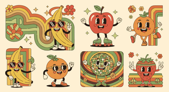 Retro fruits and disco ball dancing with groovy rainbows and flowers