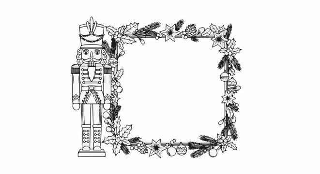 Line art of a nutcracker figure and festive border with ornaments