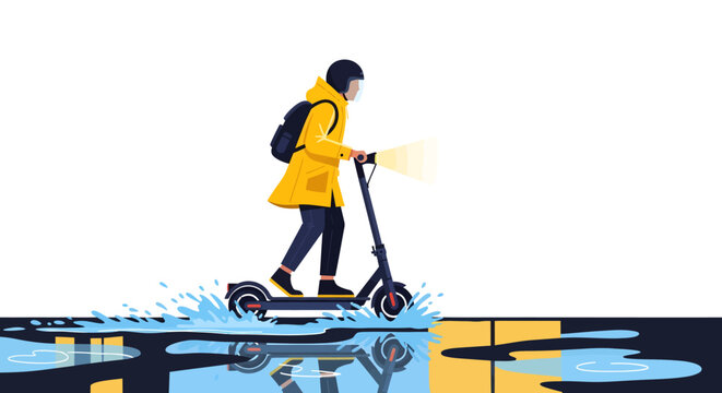 person riding electric scooter in rain with yellow jacket