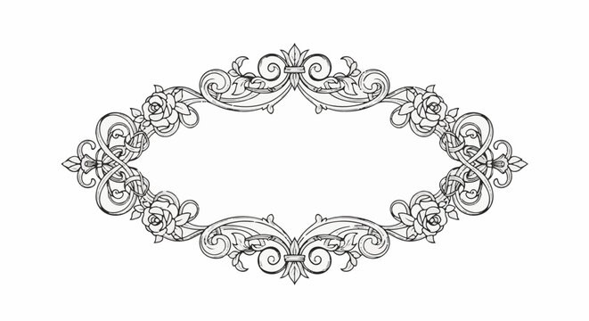 Ornate oval frame with rose motifs and scrolling filigree in grayscale