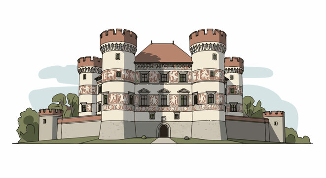 Ornate stone castle with multiple turrets, arched entrance, and decorative frieze