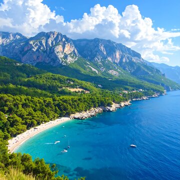 A serene coastal landscape with a sandy beach, dense green forest, and majestic mountains under a blue sky