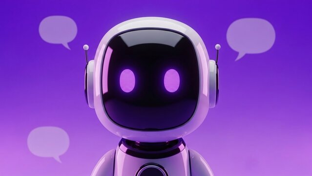 Cute friendly robot with glowing purple eyes and speech bubbles on a vibrant purple background perfect for technology innovation and AI concepts