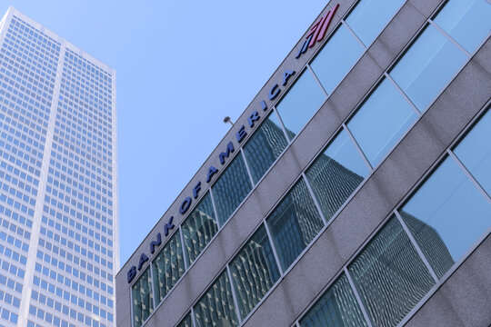 modern office buildings and sign of Bank of America Merrill Lynch Canada Inc, a corporate office, located in Brookfield Place, 181 Bay St, Toronto