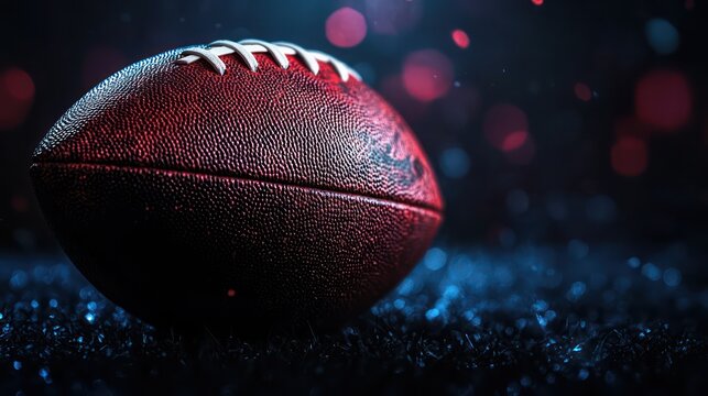 American football ball on black background illuminated by the
