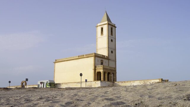 Church at a beach, Cabo de Gata, Spain. Church of La Almadraba de Monteleva.