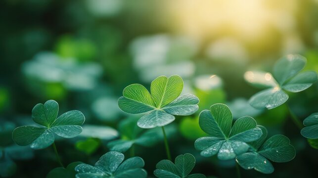 Four Lucky Leaves green clover leaves in the background. Close-up