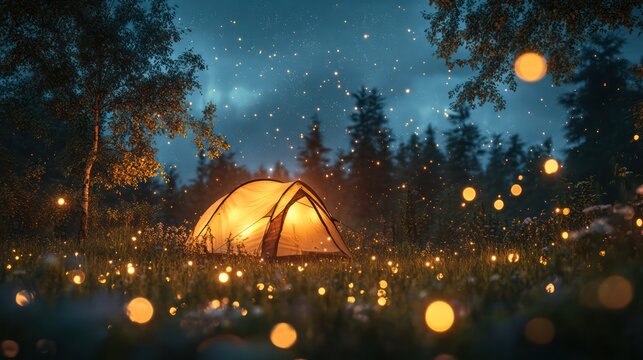 Generative AI illustration of camping tent with placed on green meadow in evening in nature with lights all around