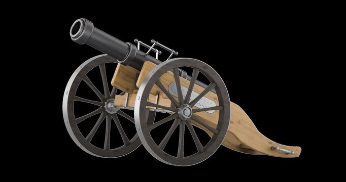 Antique field cannon, rotation animation seamlessly loopable. 3D rendering isolated on transparent background
