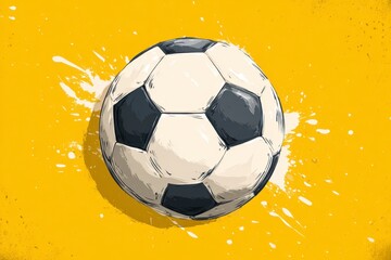 Naklejka premium Black and white soccer ball on bright yellow with white splatters. It represents the World Cup 2026 tournament, celebrating goals and winners across Mexico, USA, and Canada.