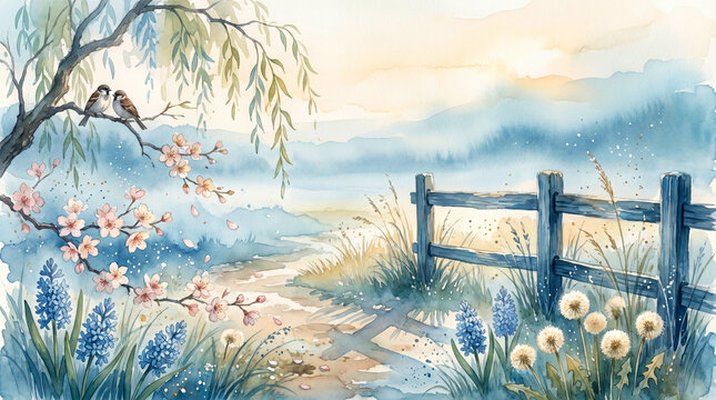 Birds on a branch feeling peaceful in a serene watercolor landscape with flowers and a fence
