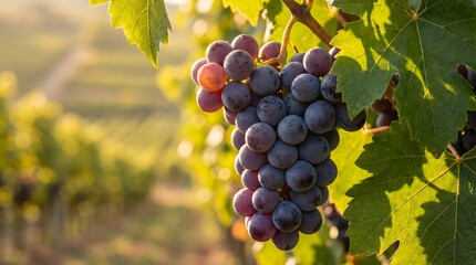 Fototapeta premium Ripe purple grapes hanging on vine in vineyard at sunset