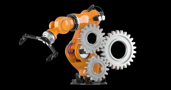 Industrial robot arm with gears, rotation animation seamlessly loopable. 3D rendering isolated on transparent background