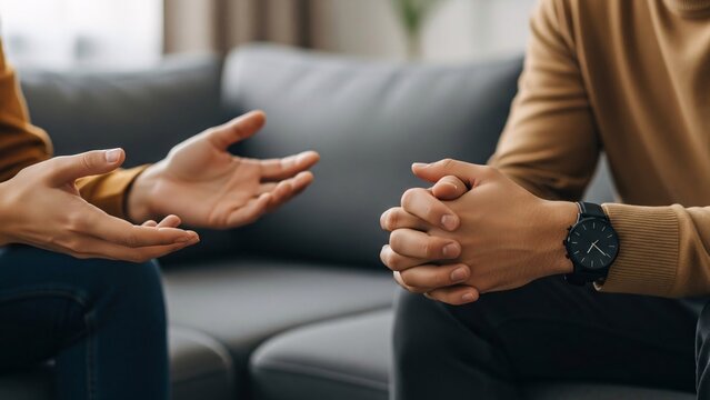 Professional counseling session with two people discussing important issues in a comfortable office setting for mental health support and emotional guidance