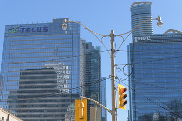 Naklejka premium looking south on York St (near University Av and Front St W) to TELUS Harbour and PWC Canada building, Toronto