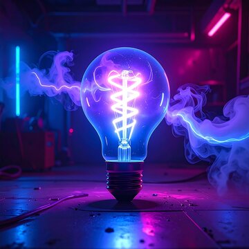 A glowing light bulb with purple and blue neon