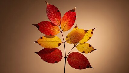 Obraz premium A small tree branch with vibrant autumn leaves against a warm background