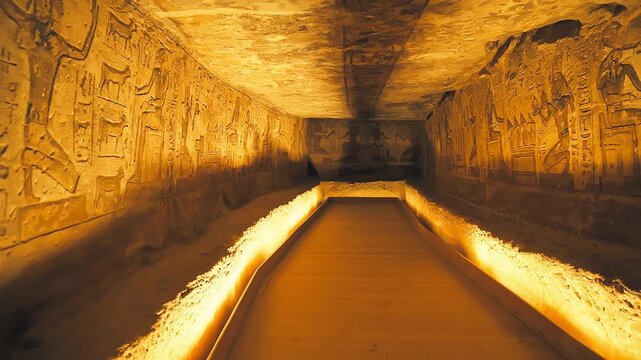 4k Footage of interior Hieroglyphs in Abu SImbel Egypt. four Interior Statues Of Abu Simbel Temple In Egypt.