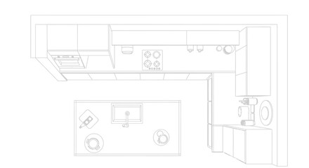 Detailed top-down line drawing of a modern kitchen layout featuring an L-shaped counter, integrated appliances, and a central island with a sink. © ZAENAL