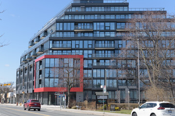 Naklejka premium wide view of The Manderley Condos located at 2 Manderley (show here, the east elevation seen from Kingston Rd), Toronto