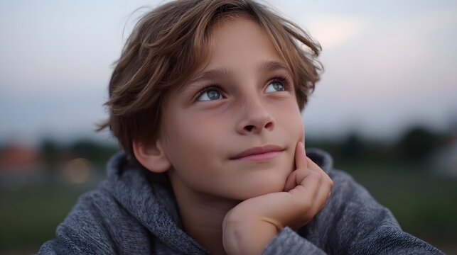 A thoughtful young child gazes toward the horizon at dusk capturing a moment of quiet contemplation and innocent wonder