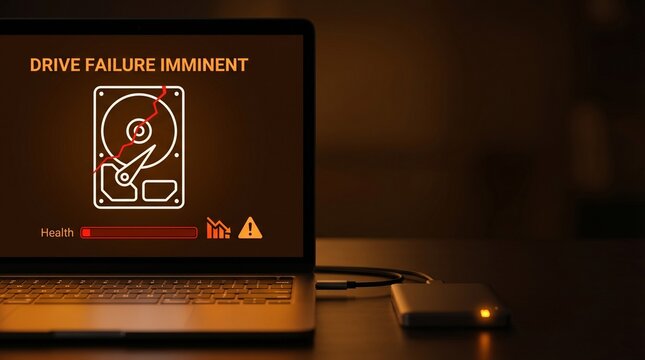 Drive failure imminent warning message on laptop screen with cracked hard drive icon. Featuring external backup drive connected on desk. Critical data loss alert and system diagnostic.