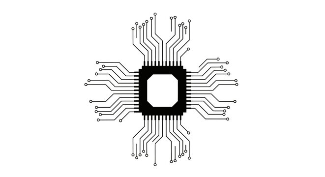 A black vector design element featuring a hand holding a circular circuit board illustration as a modern business logo and art symbol