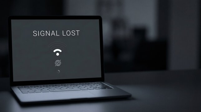 Internet signal lost message on laptop screen in dim office environment. Featuring disconnected wifi symbol and globe icon indicating network failure. Useful for connectivity issues and
