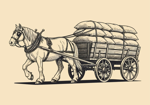 Vintage Engraving of a Horse-Drawn Wagon Loaded with Sacks of Grain