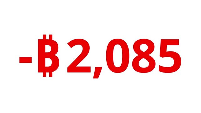 Count-down Bitcoin animation from 0 to -5000 BTC. White, black, Green Screen background. Crypto -Bitcoin numeric display. Animation starts and end gently with ease-in and ease-out transition.