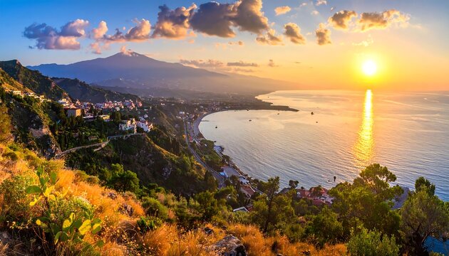 A serene coastal town at sunset with calm waters and lush greenery