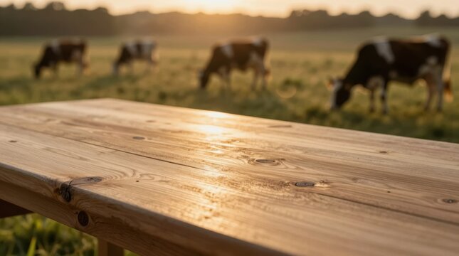 Cows graze in a field at sunset near a wooden table that reflects sunlight