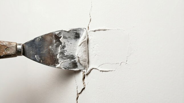 Wall crack repair with putty knife and white filler paste during home maintenance. Professional drywall patching process for interior renovation showing structural damage restoration and