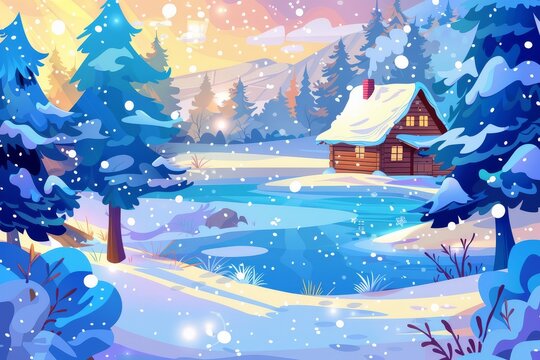 Cartoon winter landscape with cabin and lake, snowy christmas scene, colorful vector illustration background for game design