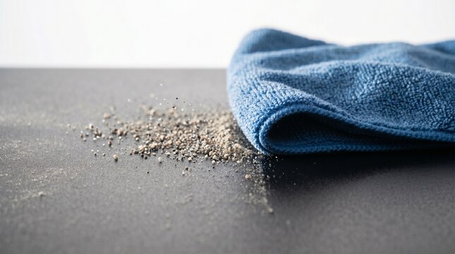 Home cleaning routine with blue microfiber cloth on dark kitchen counter surface. Removing dust and debris effectively for hygiene and sanitary household maintenance. Close-up detailed shot