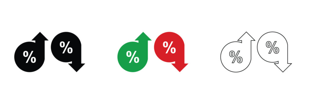 Percentage Arrows Up and Down Icon Set. Icons showing percentage symbols with upward and downward arrows, representing growth, decline, financial trends, and statistical changes.