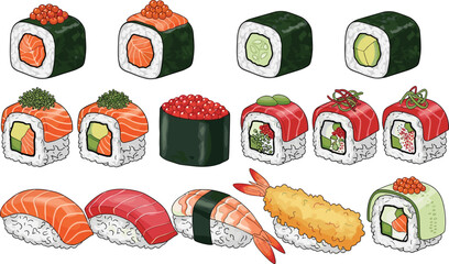 Sushi Roll and Nigiri Variety Illustration Set with Salmon Tuna Cucumber Tempura and Fish Roe for Japanese Cuisine Menu and Restaurant Food Design Collection © Sanjida