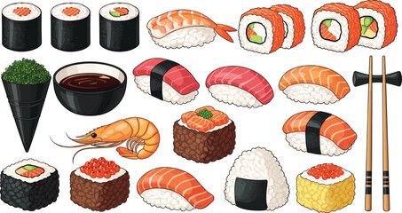 Sushi and Japanese Food Illustration Set with Nigiri Maki Rolls Onigiri Shrimp and Chopsticks for Restaurant Menu and Asian Cuisine Design Collection © Sanjida