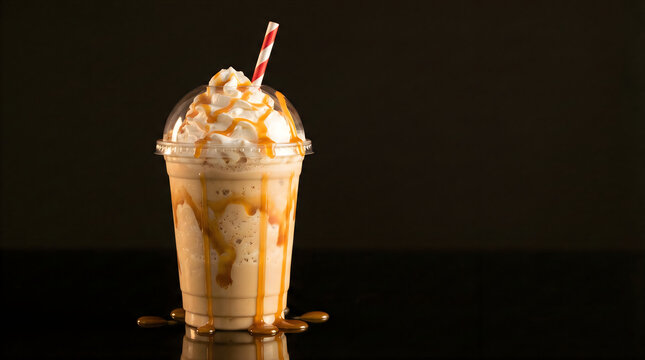 A delicious caramel milkshake with whipped cream and a straw on a dark background