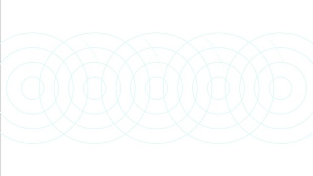 Multiple looping kaleidoscopic circles horizontally aligned. Circles with light blue outlines on a white background. Infinitely repeating, multiple concentric ripples. Copy space, 4K Motion Graphics