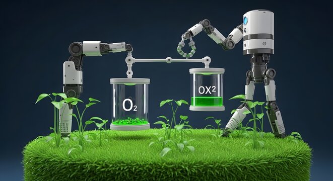 Robotic arms cultivate plants, symbolizing artificial intelligence and sustainable agriculture