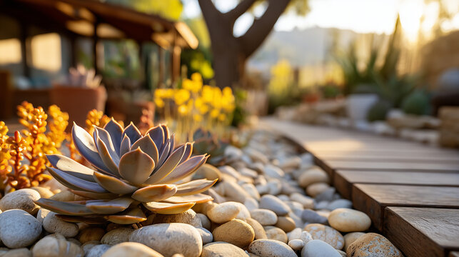 Succulent plant growing among decorative pebbles beside wooden garden pathway in warm golden sunset light creating serene backyard landscape design
