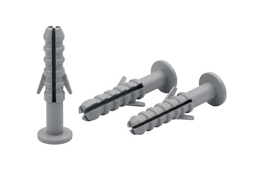 Three gray plastic wall plugs or anchors for screws, one standing upright and two lying down, isolated on transparent background