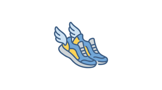 Dynamic athletic footwear featuring decorative white wings moves swiftly across a pristine white background with vibrant blue and yellow color accents.