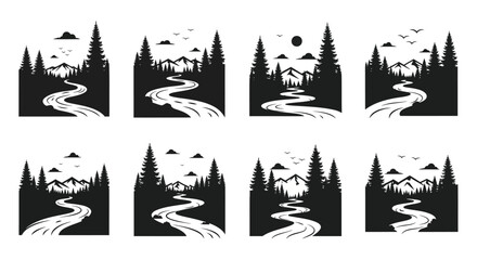 Minimalist mountain landscapes with winding rivers in a repeating square pattern © Kawsar_Studio1998
