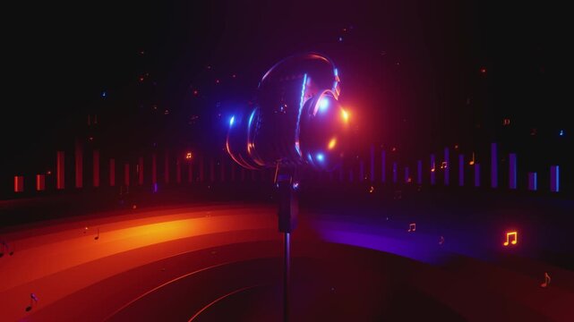 4K seamless VJ loop with glowing microphone and floating music notes for karaoke bars, VJ sets, high-tech club visuals, electronic music festivals, stage screens and for LED video walls
