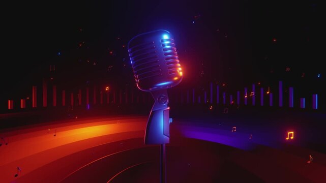 4K seamless VJ loop with glowing microphone and floating music notes for karaoke bars, VJ sets, high-tech club visuals, electronic music festivals, stage screens and for LED video walls