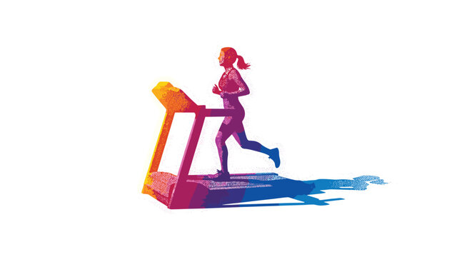 An energetic female athlete jogs on a modern treadmill while displaying a brilliant multi-colored gradient texture against a stark white studio environment.