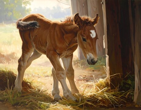 A young foal with brown and white coloring, stands in sunlight near a rustic wooden barn. Its head is lowered, amidst hay